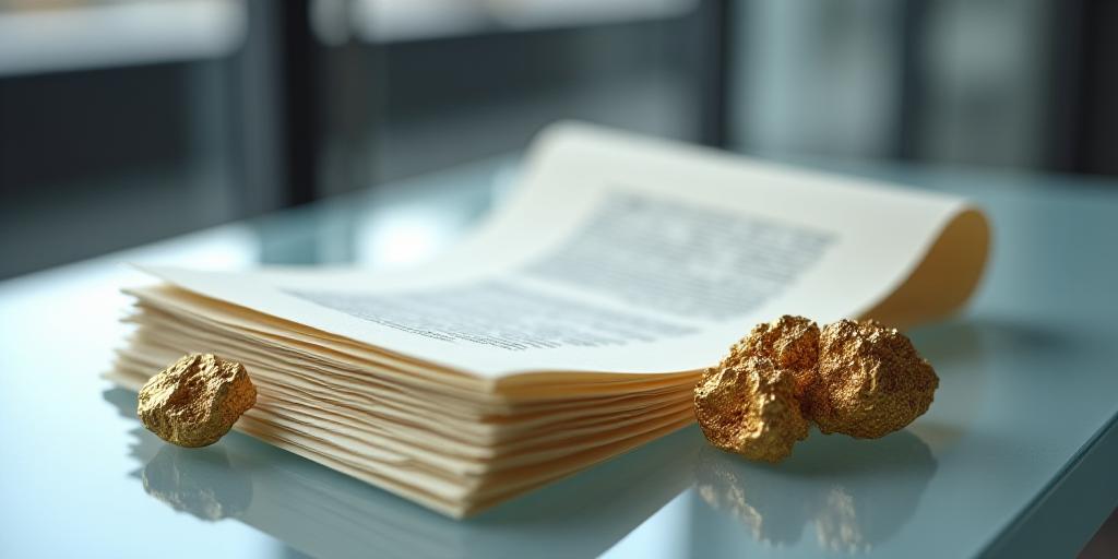 Golden ore samples on a desk next to a stack of professional contracts